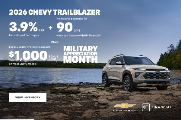 2026 Chevy Trailblazer. 3.9% APR for well-qualified buyers plus no monthly payments for 90 DAYS w...